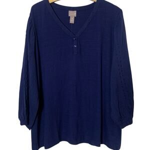 Chico’s Top Size 4 Woven Elbow Sleeve V Henley Pullover 3/4 Sleeve Midnight NWT